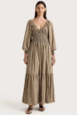 Fleur Maxi Dress Micro Leaves Walnut