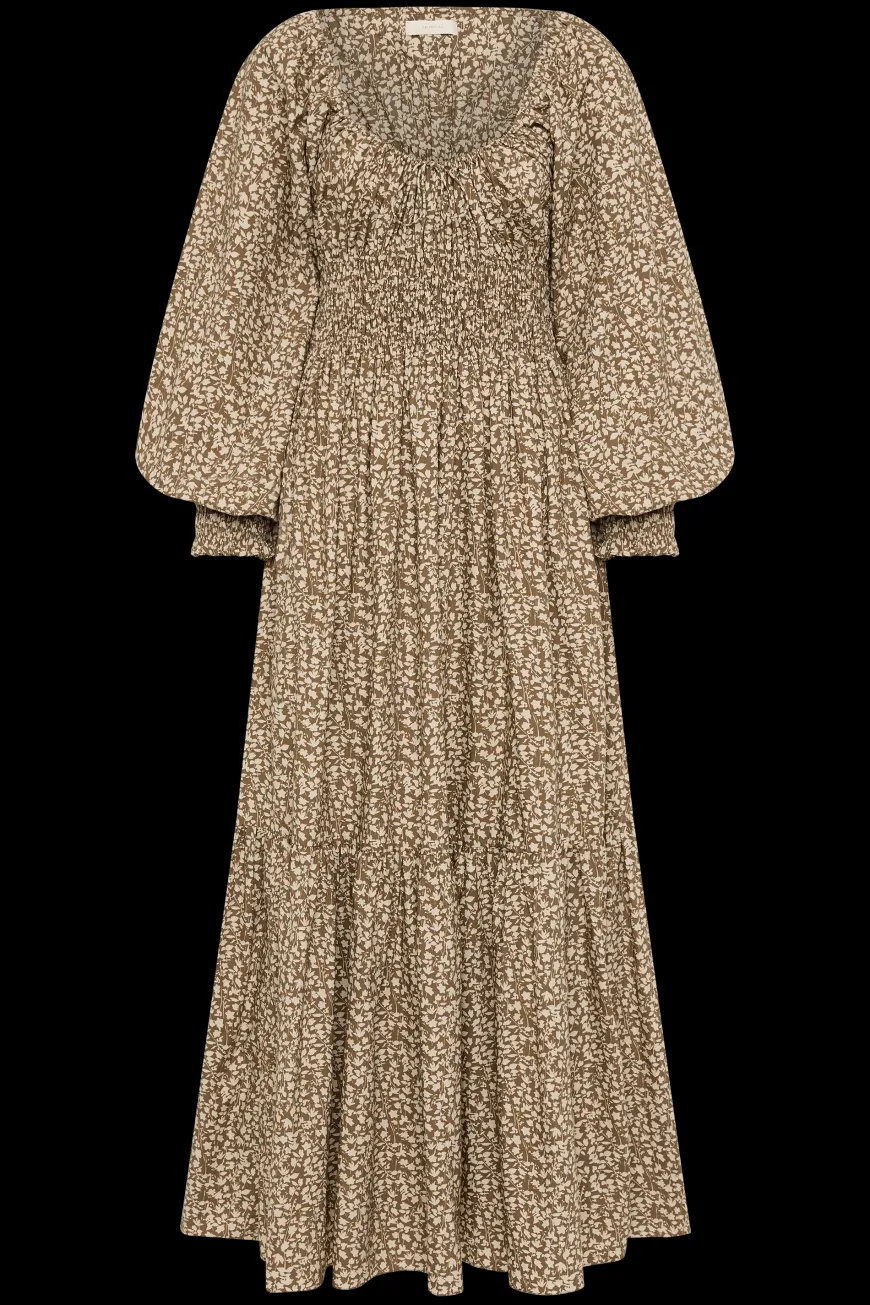 Fleur Maxi Dress Micro Leaves Walnut