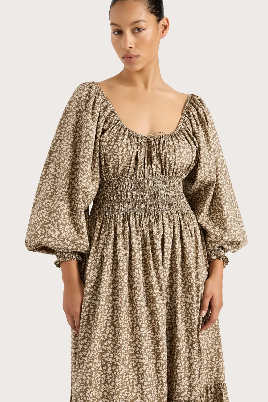Fleur Maxi Dress Micro Leaves Walnut