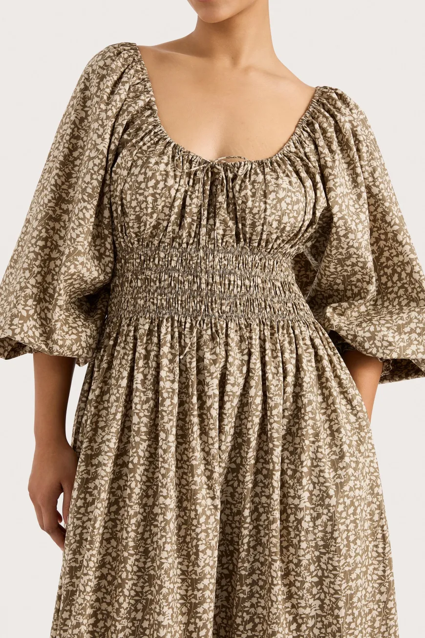 Fleur Maxi Dress Micro Leaves Walnut